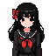 anime japanese schoolgirl in black uniform. long black hair with red bowtie.