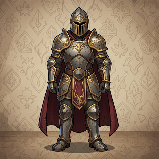 2d character illustration in the style of slay the spire, fantasy warrior, full body standing pose, normal human proportions, slightly heroic build. wearing ornate iron plate armor with golden engravings, battle-worn and scratched. short dark red cape. cl