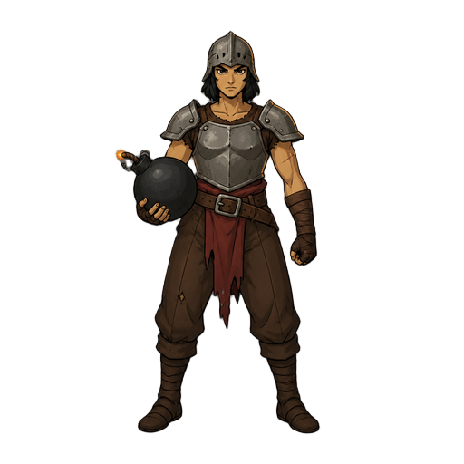 2d character illustration in the style of slay the spire, fantasy warrior bomb carrier, full body standing pose, normal human proportions, slightly athletic build. armor design: minimal plate armor — only a simple iron chestplate, pauldrons on the shoulde