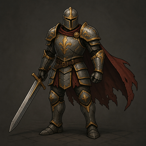 2d character illustration in the style of slay the spire, fantasy warrior, full body standing pose, normal human proportions, slightly heroic build. wearing ornate iron plate armor with golden engravings, battle-worn and scratched. short dark red cape. cl