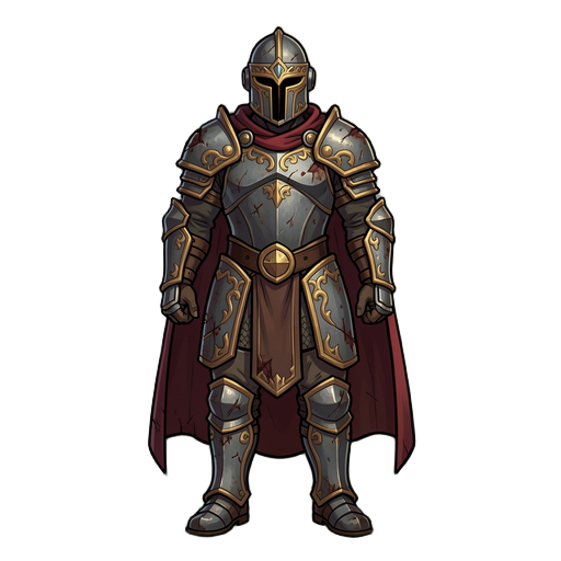 2d character illustration in the style of slay the spire, fantasy warrior, full body standing pose, normal human proportions, slightly heroic build. wearing ornate iron plate armor with golden engravings, battle-worn and scratched. short dark red cape. cl