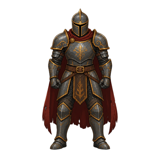 2d character illustration in the style of slay the spire, fantasy warrior, full body standing pose, normal human proportions, slightly heroic build. wearing ornate iron plate armor with golden engravings, battle-worn and scratched. short dark red cape. cl