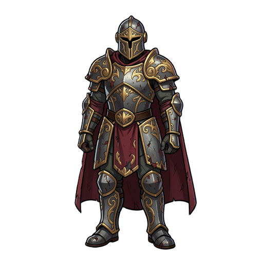 2d character illustration in the style of slay the spire, fantasy warrior, full body standing pose, normal human proportions, slightly heroic build. wearing ornate iron plate armor with golden engravings, battle-worn and scratched. short dark red cape. cl