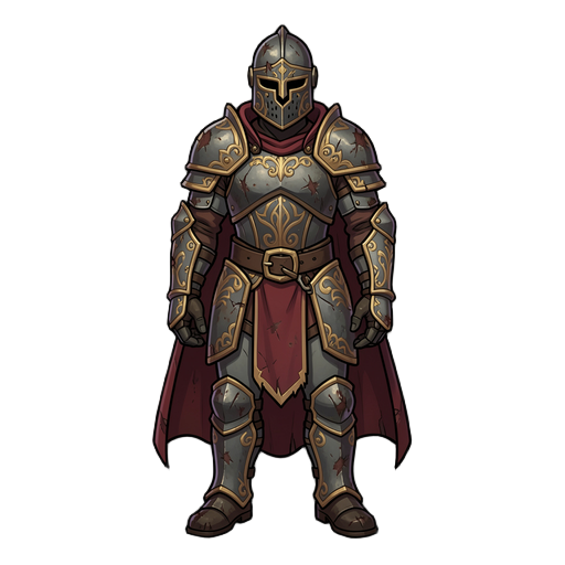  2d character illustration in the style of slay the spire, fantasy warrior, full body standing pose, normal human proportions, slightly heroic build. wearing ornate iron plate armor with golden engravings, battle-worn and scratched. short dark red cape. c