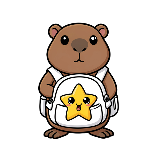 faça uma capivara estilo cartoon com uma muchila branca com a cara da hellokit de estrela