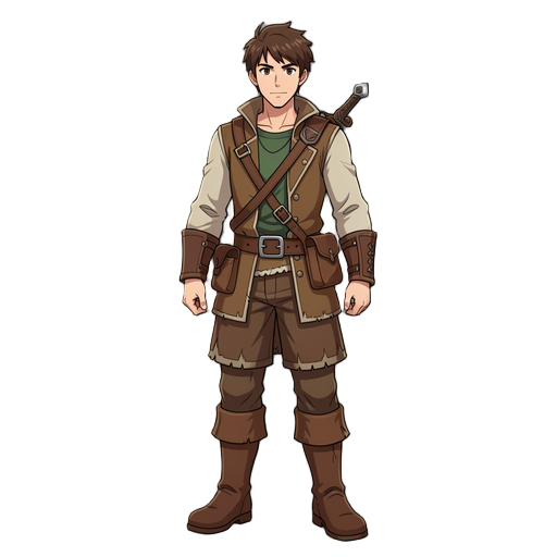ragazzo alto boscaiolo, bruno, fantasy, stile studio anime