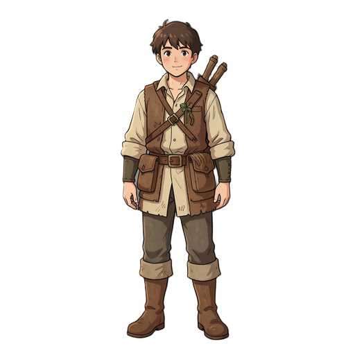 ragazzo alto boscaiolo, bruno, fantasy, stile studio ghibli