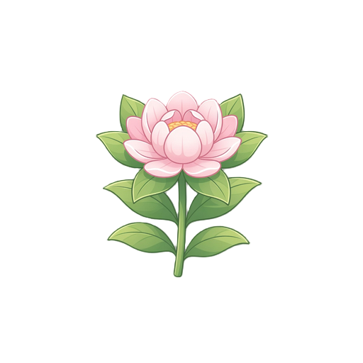 soft 2d flower game asset, 512 style, no outline, shape defined by shading and color blocks, white background, front-facing view, full flower with stem and leaves, clean and gentle style