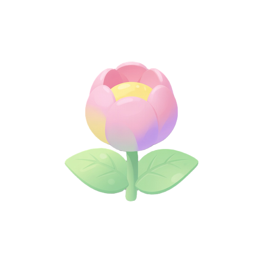 soft 2d flower game asset, 512 style, no outline, shape defined by shading and color blocks, white background, front-facing view, full flower with stem and leaves, clean and gentle style
