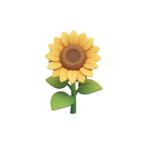 a soft 2d sunflower game asset in 512 style, no outline, shape defined by shading and color blocks, white background, front-facing or slightly front-facing, full flower with stem and leaves, clean and gentle style
