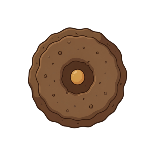 top-down view, tilled soil with a buried seed under the soil, pre-germination stage, no sprout, no roots, no leaves, simple cozy farming game asset