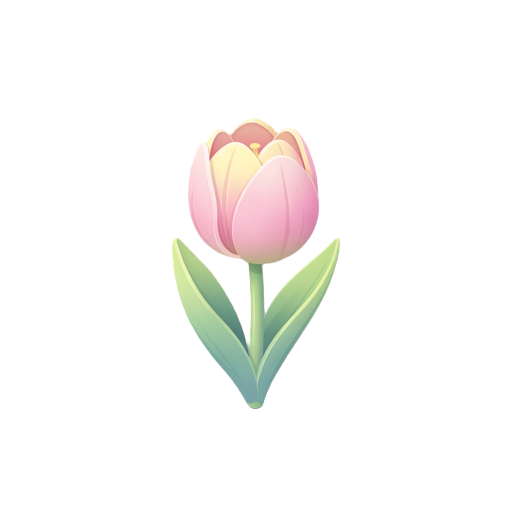 a soft 2d tulip game asset in 512 style, no outline, shape defined by shading and color blocks, white background, front-facing or slightly front-facing, cup-shaped flower, full flower with stem and leaves, clean and gentle style