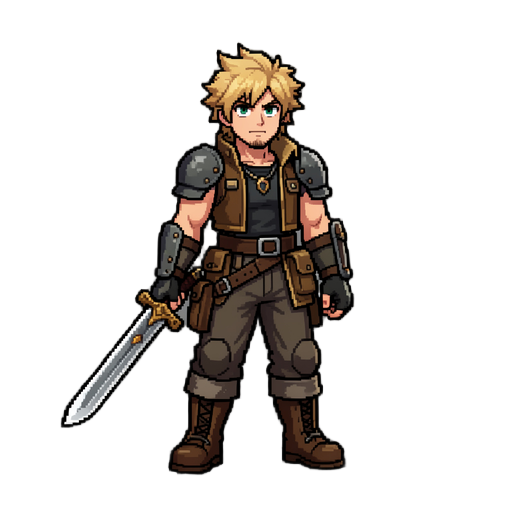 rpg pìxel art soldier like final fantasy 7 cloud, with a sword in right hand, dungeon style