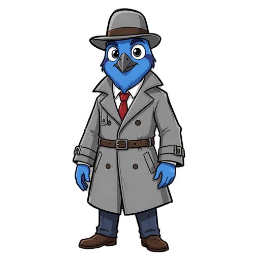 a bluejay man character wearing a gray bowler hat and a gray trench coat 