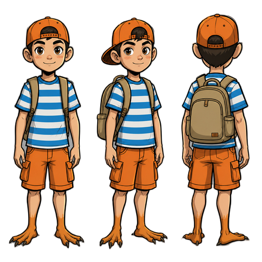 a character reference sheet show a view of the front, side, and back, of a thirteen year old cardinal boy character wearing an orange baseball cap backwards, a blue and white striped tee shirt, orange cargo shorts, a tan backpack and no shoes, he has bird