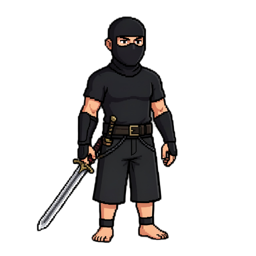 um persongem pixelado m usa uma roupa preta  e uma bermuda tbm preta usa manga lounga a camiseta tbm uma mascara que cobre até o nariz utiliza um chienlo de dedos e ele nao é mt alto mascara ninja usa uma camiseta de  manga longa cobrindo o braço usa uma 