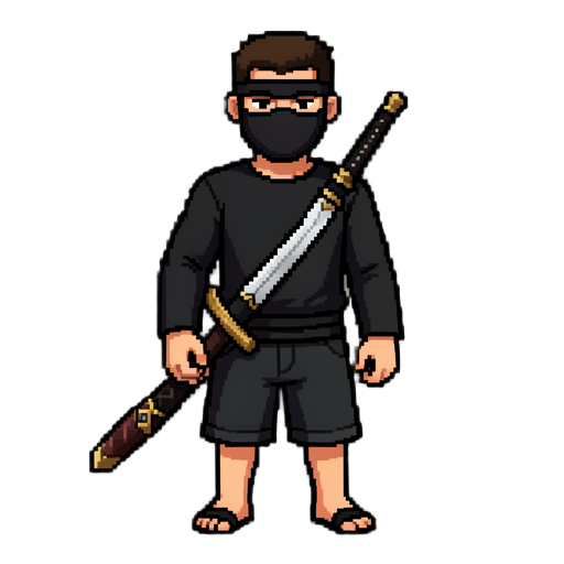 faça um persongem pixelado m usa uma roupa preta  e uma bermuda tbm preta usa manga lounga a camiseta tbm uma mascara que cobre até o nariz utiliza um chienlo de dedos e ele nao é mt alto mascara ninja usa uma camiseta de  manga longa cobrindo o braço usa