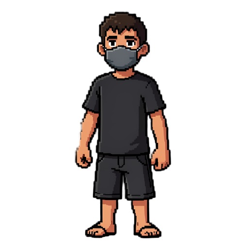 faça um persongem pixelado m usa uma roupa preta  e uma bermuda tbm preta usa manga lounga a camiseta tbm uma mascara que cobre até o nariz utiliza um chienlo de dedos e ele nao é mt alto