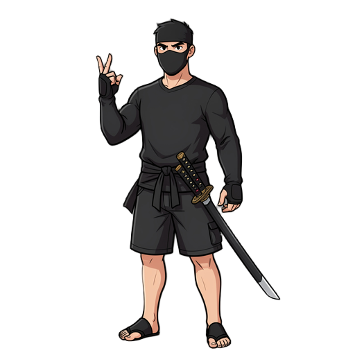 um persongem  m usa uma roupa preta  e uma bermuda tbm preta usa manga lounga a camiseta tbm uma mascara que cobre até o nariz utiliza um chienlo de dedos e ele nao é mt alto mascara ninja usa uma camiseta de  manga longa cobrindo o braço usa uma baía de 