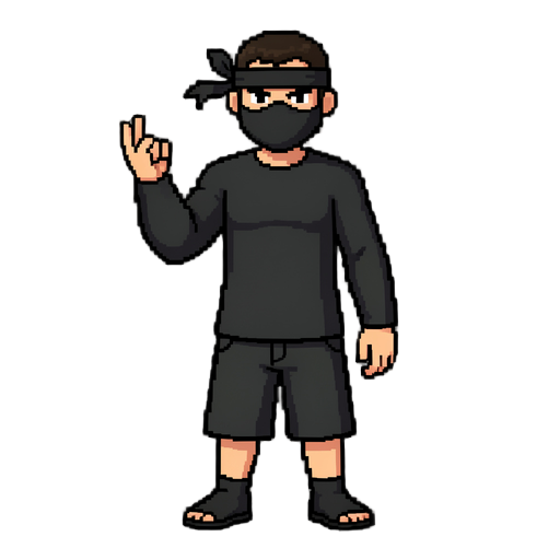 faça um persongem pixelado m usa uma roupa preta  e uma bermuda tbm preta usa manga lounga a camiseta tbm uma mascara que cobre até o nariz utiliza um chienlo de dedos e ele nao é mt alto mascara ninja usa uma camiseta de  manga longa cobrindo o braço
