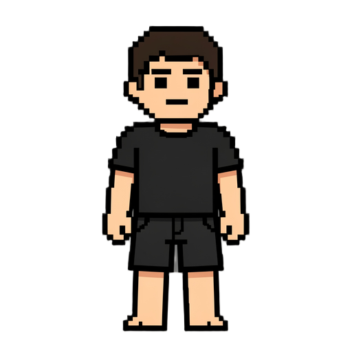 faça um persongem pixelado usa uma roupa preta  e uma bermuda tbm preta
