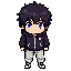 crie um personagem 2d com cabelo bagunçado e grandes olhos roxos o mais parecido possível com a referência