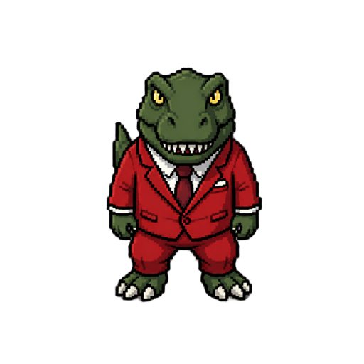 t-rex forte e minimalista com terno vermelho