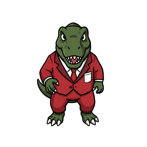 t-rex forte e minimalista com terno vermelho