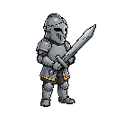 little knight, full-body,  holding one iron sword with both hands, a helmet that covers the entire face, facing east,