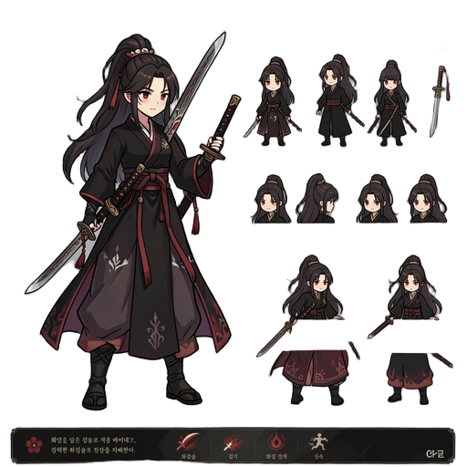 create a 2d side-scrolling action rpg character design sheet based on a dark korean murim swordswoman.  view direction: - main gameplay angle is slight 3/4 view facing right - similar readability to maplestory / dungeon fighter / modern korean 2d action r