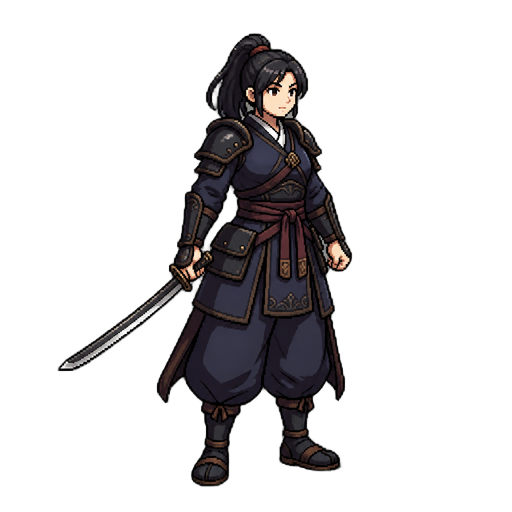 create a 2d side-scrolling action rpg character design sheet based on a dark korean murim swordswoman.  view direction: - main gameplay angle is slight 3/4 view facing right - similar readability to maplestory / dungeon fighter / modern korean 2d action r