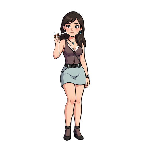 lightly dressed hooker smoking cigarette leaning on left wall, back is on wall