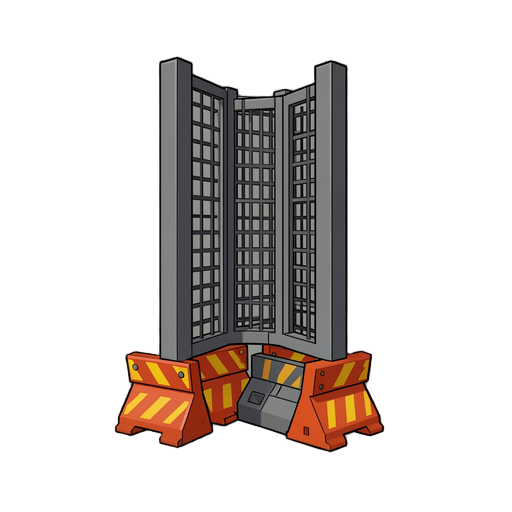 create a tall urban barrier fence obstacle for a stylized low poly fps game. the barrier should be inspired by industrial city construction blockers and police barricades, designed specifically so the player can slide underneath it during gameplay. the st