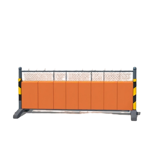 create a tall urban barrier fence obstacle for a stylized low poly fps game. the barrier should be inspired by industrial city construction blockers and police barricades, designed specifically so the player can slide underneath it during gameplay. the st
