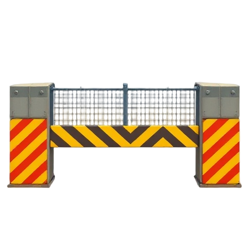 create a tall urban barrier fence obstacle for a stylized low poly fps game. the barrier should be inspired by industrial city construction blockers and police barricades, designed specifically so the player can slide underneath it during gameplay. the st