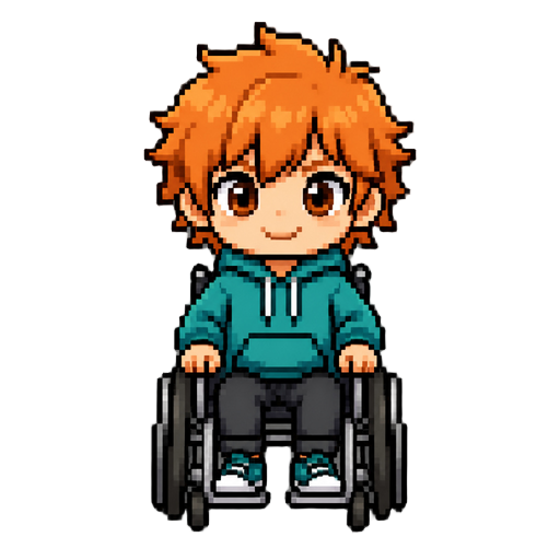 character details: young protagonist messy orange hair large expressive eyes cute chibi proportions friendly and determined expression teal hoodie dark pants sneakers wheelchair integrated naturally into the sprite visible wheels on both sides