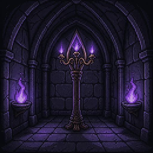somente a estrutura básica da caverna e o chão de pedra pavimentado estão presentes (sem personagem, sem espinhos, sem estátua). o candelabro gótico central ornamentado e os dois braseiros laterais nas paredes têm chamas roxas que tremeluzem suavemente.