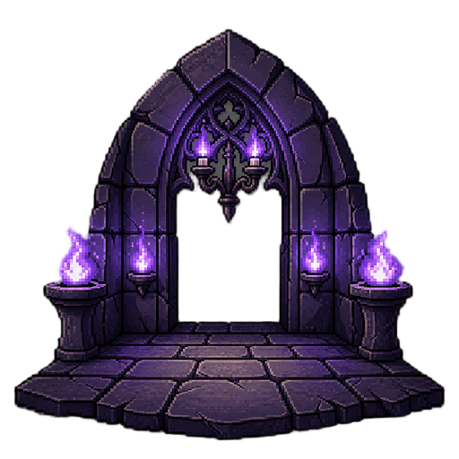 somente a estrutura básica da caverna e o chão de pedra pavimentado estão presentes (sem personagem, sem espinhos, sem estátua). o candelabro gótico central ornamentado e os dois braseiros laterais nas paredes têm chamas roxas que tremeluzem suavemente.