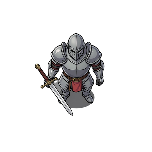 a bird's eye, top down, plan view of a knight with a sword