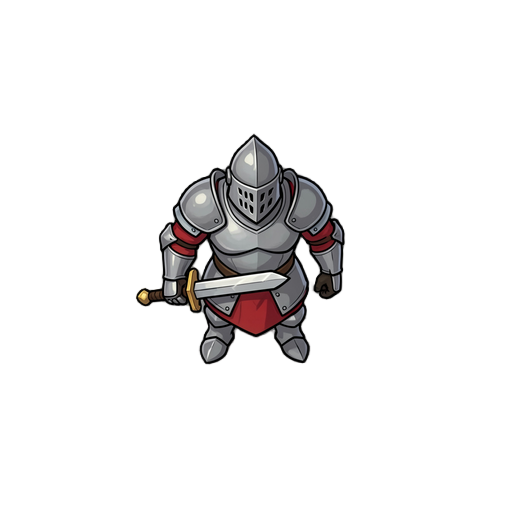 a bird's eye, top down, plan view of a knight with a sword