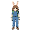 rabbit girl with a green backpack, dressed in a blue jumpsuit.