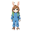 little rabbit girl with a green backpack, dressed in a blue jumpsuit. and style plataform