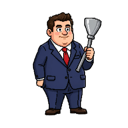 snes style sprite, businessman with plump behind, holding a plunger