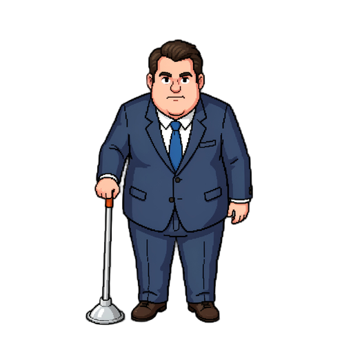 snes style sprite, businessman with plump behind, holding a plunger