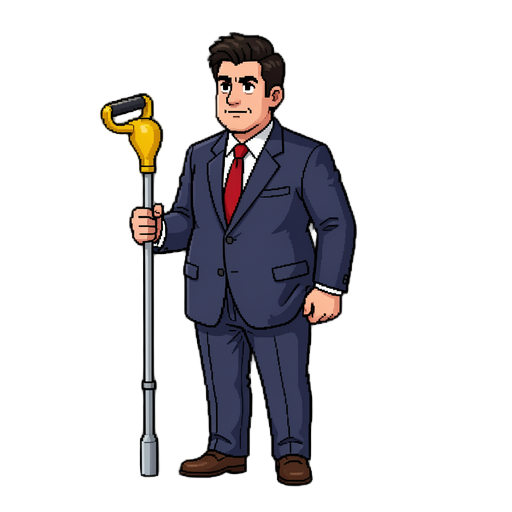 snes style sprite, businessman with plump behind, holding a plunger