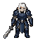 a boss wearing dark blue armor and holding a greatsword