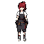 consistent pixel size, uniform pixel grid, slim anime girl, red ponytail, white shirt, dark apron, no chibi, pixel perfect
