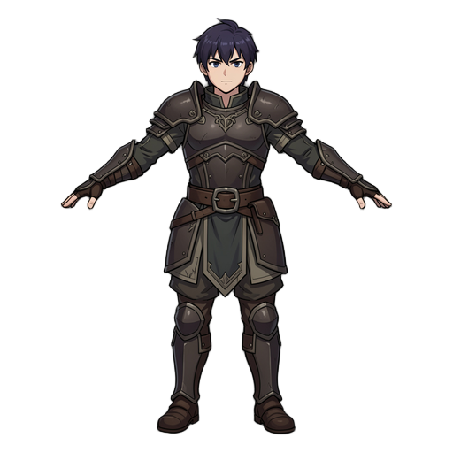 create a full 2d character model in t-pose for game development.  character concept: young dark fantasy warrior with subtle viltrumite-inspired aesthetics. beginner adventurer / early career barbarian soldier. anime-inspired proportions with realistic arm