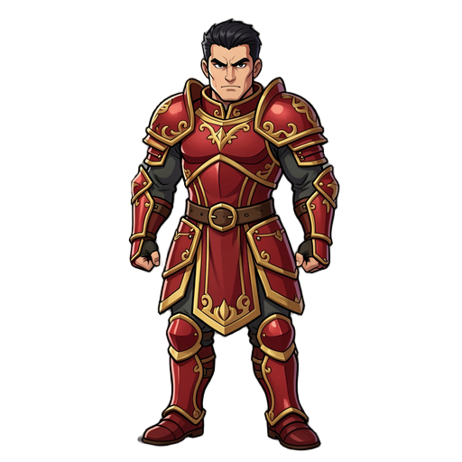 proud and stern personality, sharp masculine facial features with a confident intense gaze, strong athletic medieval warrior build, dark or black hair neatly styled, royal warrior theme in red and gold medieval armor representing ambition and authority.me