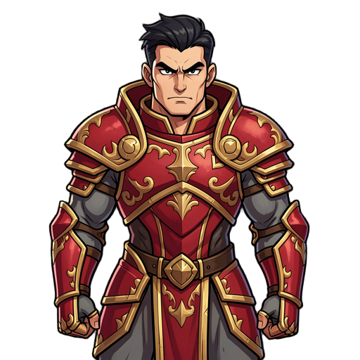 proud and stern personality, sharp masculine facial features with a confident intense gaze, strong athletic medieval warrior build, dark or black hair neatly styled, royal warrior theme in red and gold medieval armor representing ambition and authority.